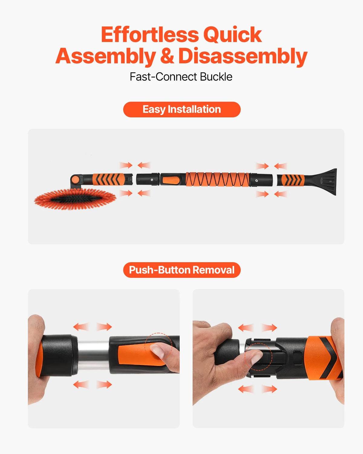 VEVOR Extendable 107 cm Snow Removal Tool with 180° Rotating Brush Head, Non-Slip Handle and Ice Scraper, Suitable for Cars, Vans and SUVs