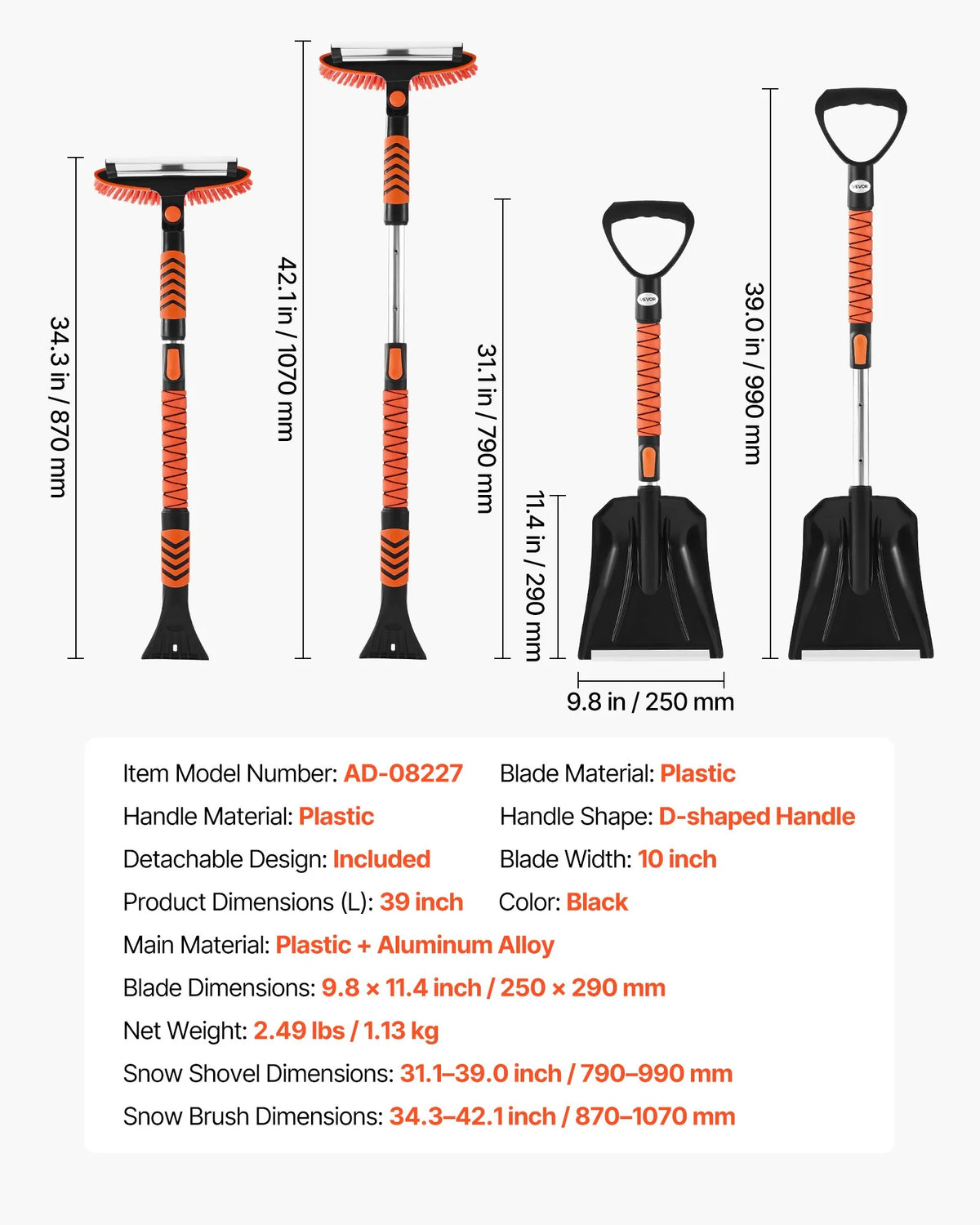 VEVOR Extendable 107 cm Snow Removal Tool with 180° Rotating Brush Head, Non-Slip Handle and Ice Scraper, Suitable for Cars, Vans and SUVs