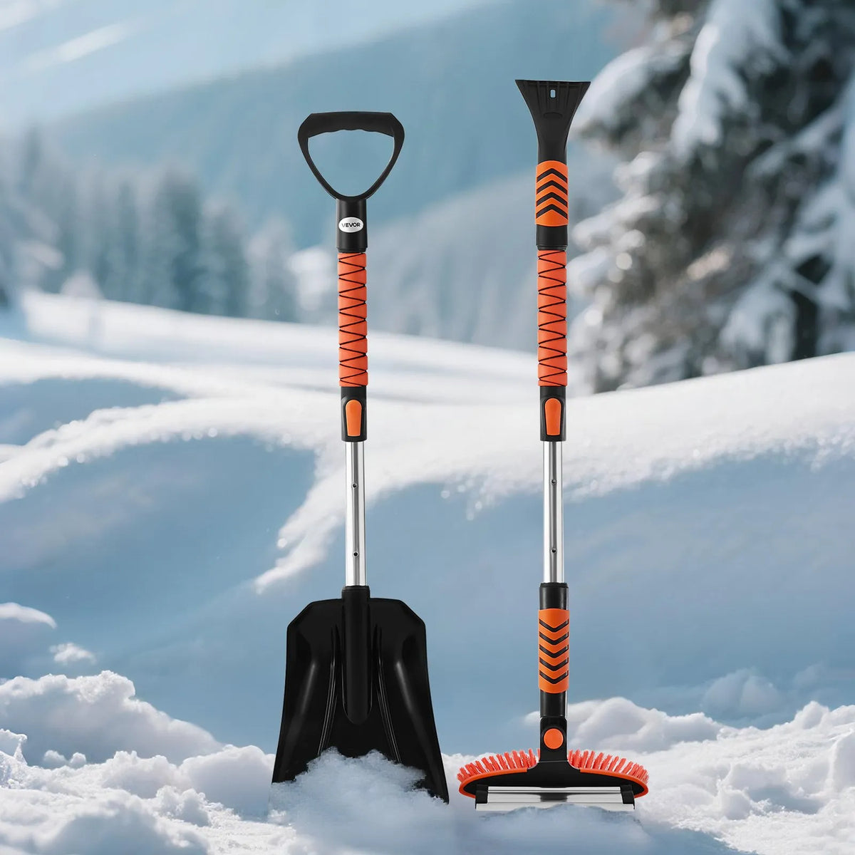 VEVOR Extendable 107 cm Snow Removal Tool with 180° Rotating Brush Head, Non-Slip Handle and Ice Scraper, Suitable for Cars, Vans and SUVs