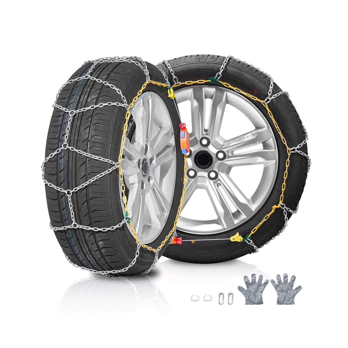 Snow chains, manganese steel, traction tyre chains, silver, set of 2