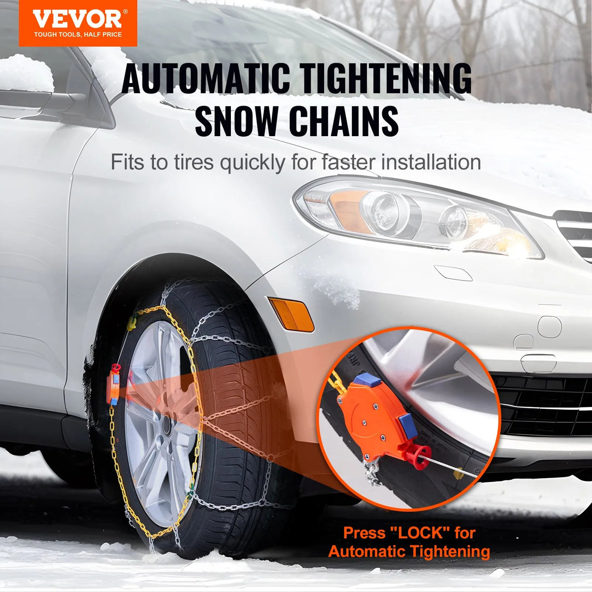 Snow chains, manganese steel, traction tyre chains, silver, set of 2