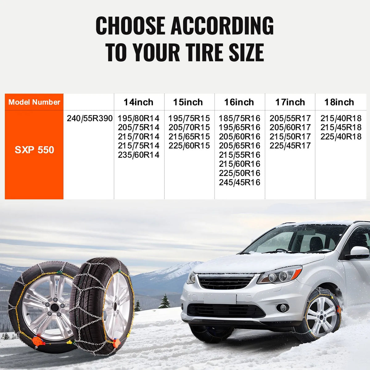 Snow chains, manganese steel, traction tyre chains, silver, 2 pcs set