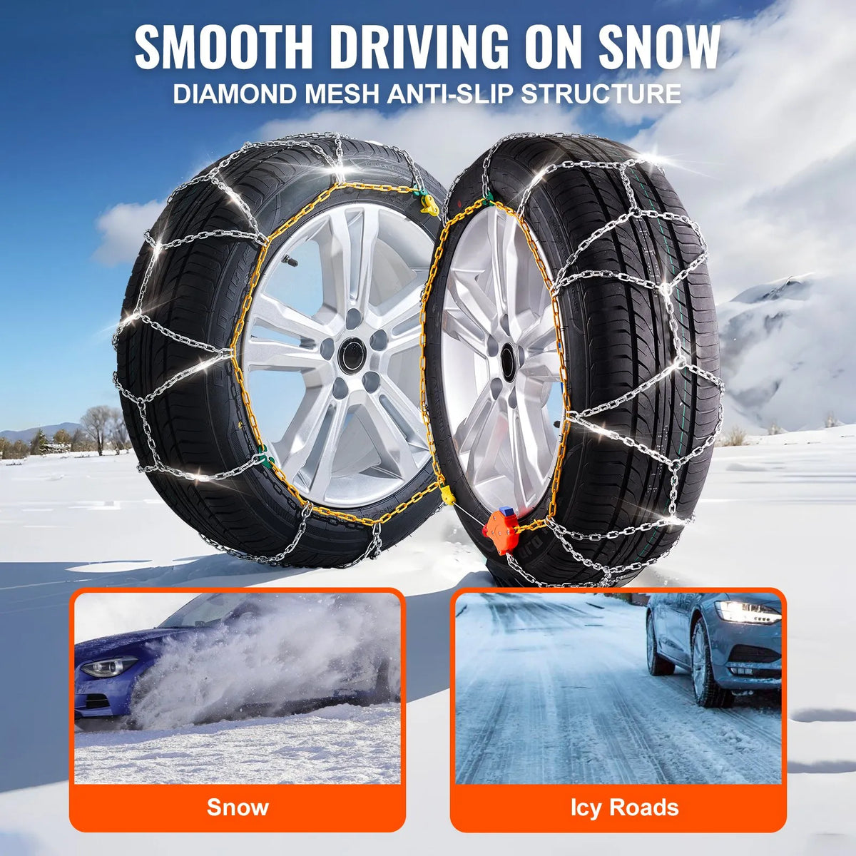 Snow chains, manganese steel, traction, tyres, silver, 2 pcs