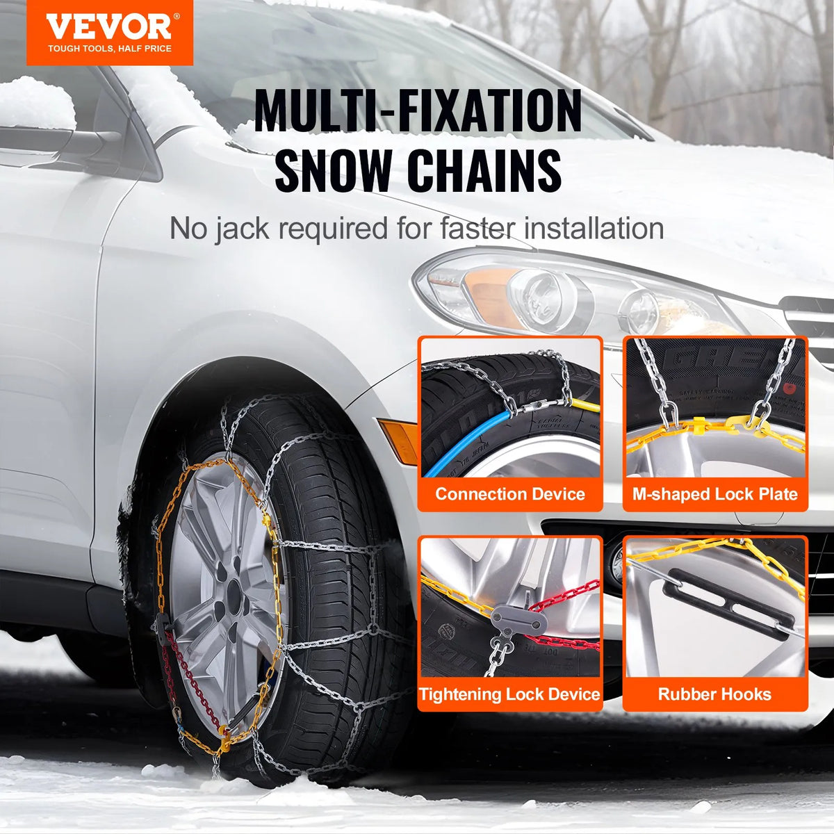 Snow chains, manganese steel, traction, silver, 2 pcs