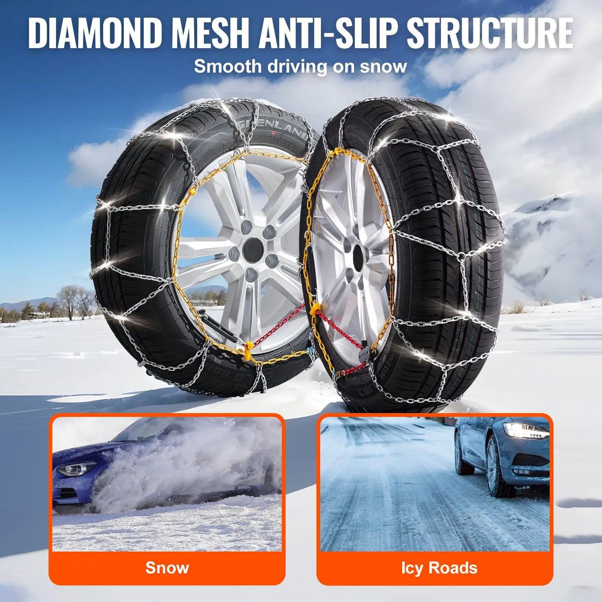 Snow chains, manganese steel, traction, silver, 2 pcs