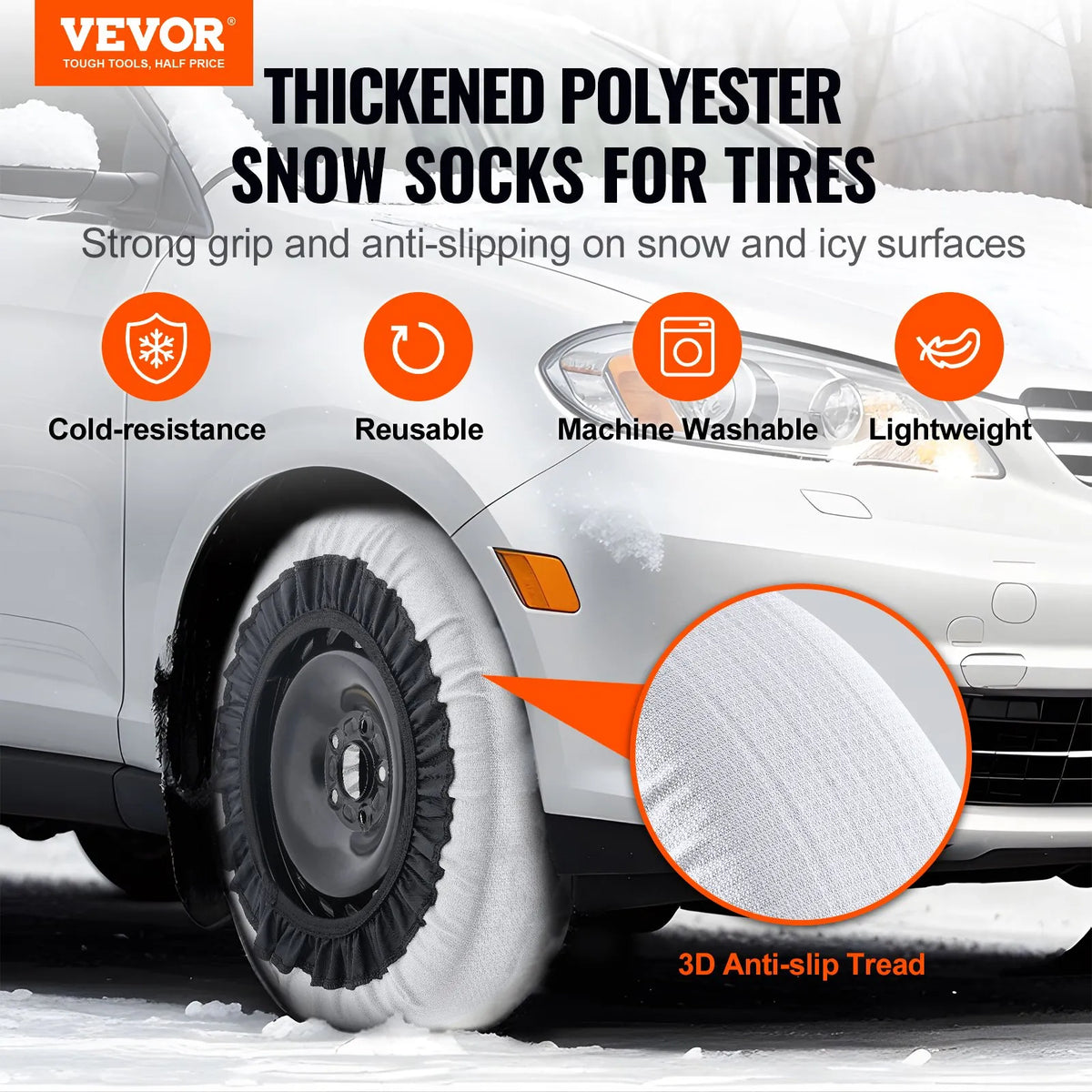 Snow socks medium size, 2 pcs, thickened, tyre traction covers, silver