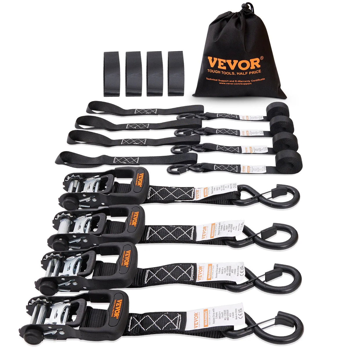 Ratchet Tie-Down Straps, 4 Pieces, 2362 kg Maximum Breaking Load, 40 mm × 2.44 m, with Padded Handles, for Securing Cargo, Appliances, Garden Equipment and Motorcycles