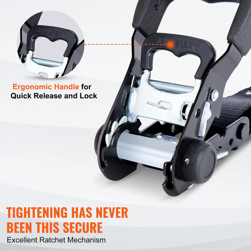 Sprūdrata stiprināšanas siksnas, 4 gab., 2362 kg maksimālā pārraušanas slodze, 40 mm × 2,44 m, ar polsterētiem rokturiem, paredzētas kravas, sadzīves tehnikas, dārza tehnikas un motociklu nostiprināšanai