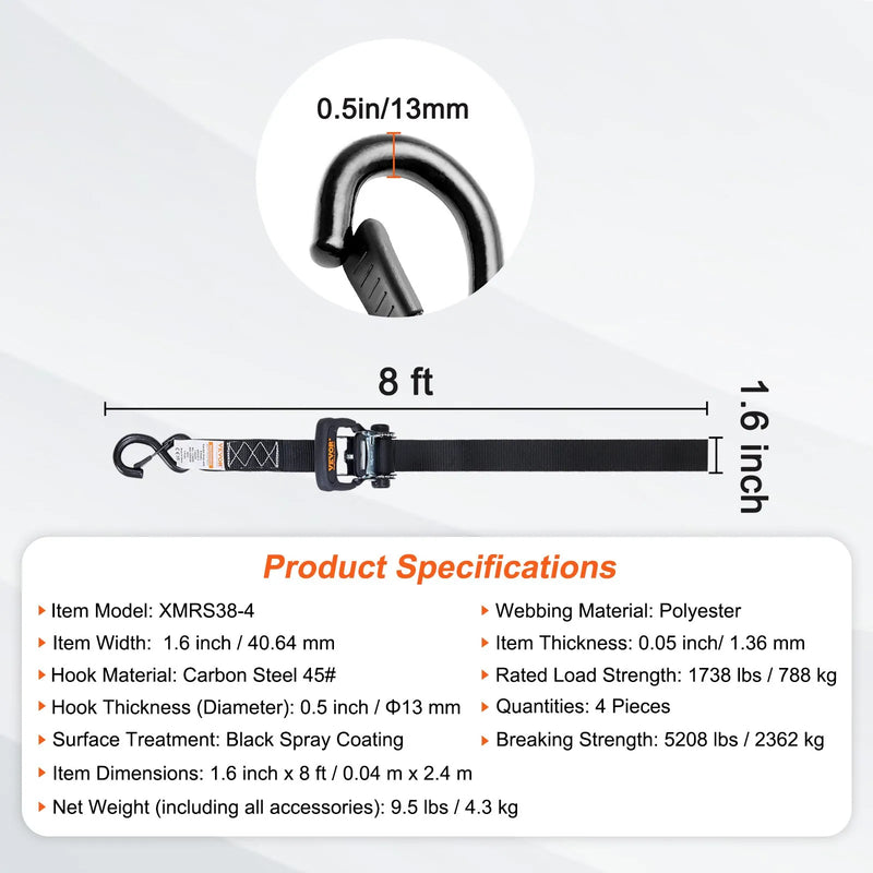 Sprūdrata stiprināšanas siksnas, 4 gab., 2362 kg maksimālā pārraušanas slodze, 40 mm × 2,44 m, ar polsterētiem rokturiem, paredzētas kravas, sadzīves tehnikas, dārza tehnikas un motociklu nostiprināšanai