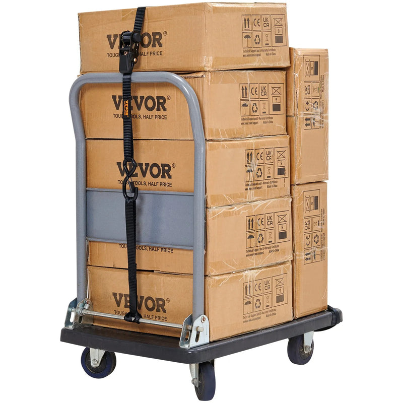 Kravas stiprināšanas siksnas ar sprūdrata mehānismu, 4 gab., 1000 kg maksimālā pārraušanas slodze, 25 mm × 4,57 m, ar polsterētiem rokturiem, paredzētas kravas, sadzīves tehnikas, dārza tehnikas un motociklu nostiprināšanai