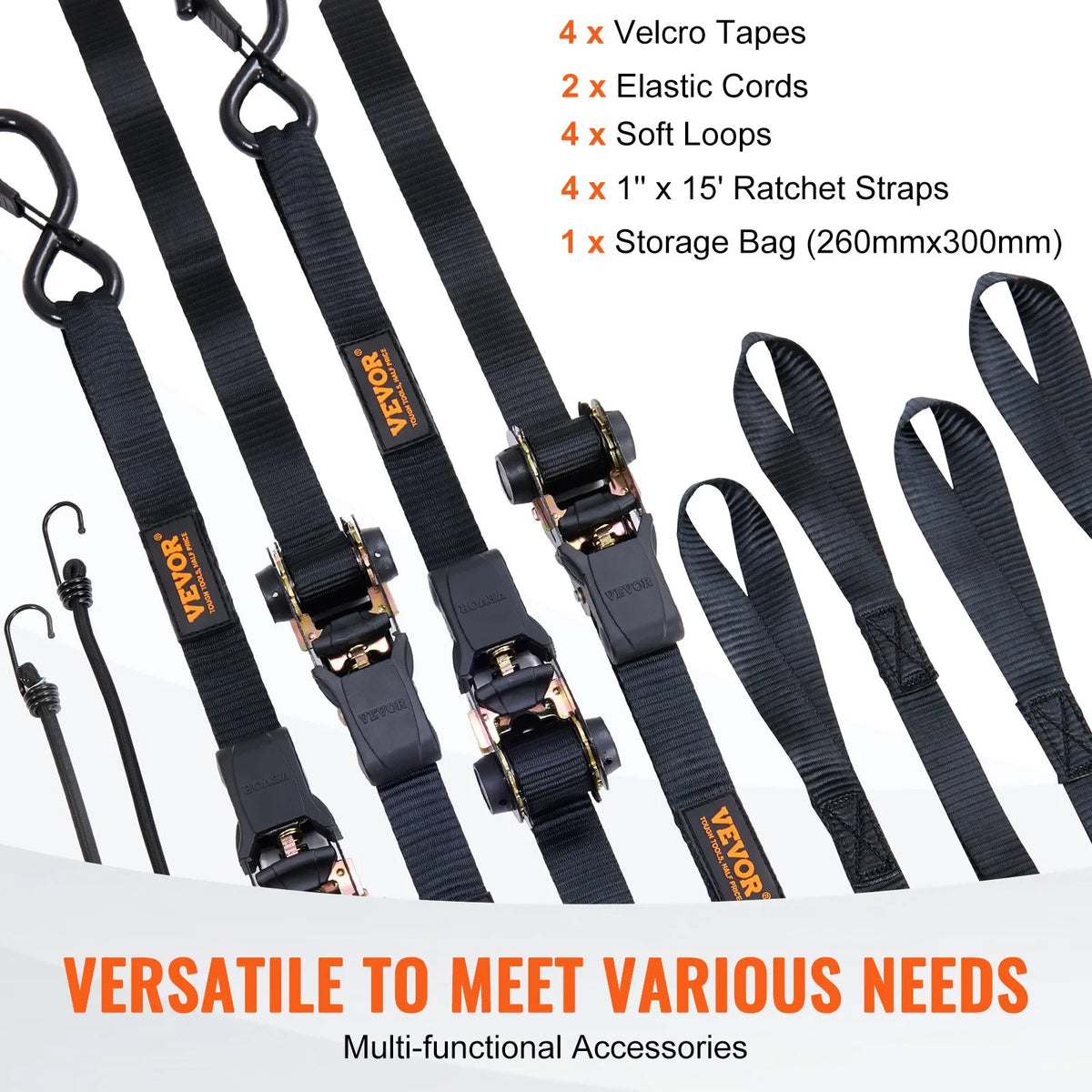 Cargo Lashing Straps with Ratchet Mechanism, 4 Pieces, 1000 kg Maximum Breaking Load, 25 mm × 4.57 m, with Padded Handles, for Securing Cargo, Appliances, Garden Equipment and Motorcycles