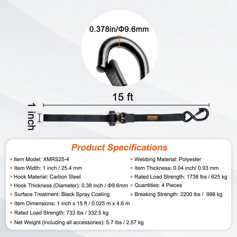 Kravas stiprināšanas siksnas ar sprūdrata mehānismu, 4 gab., 1000 kg maksimālā pārraušanas slodze, 25 mm × 4,57 m, ar polsterētiem rokturiem, paredzētas kravas, sadzīves tehnikas, dārza tehnikas un motociklu nostiprināšanai