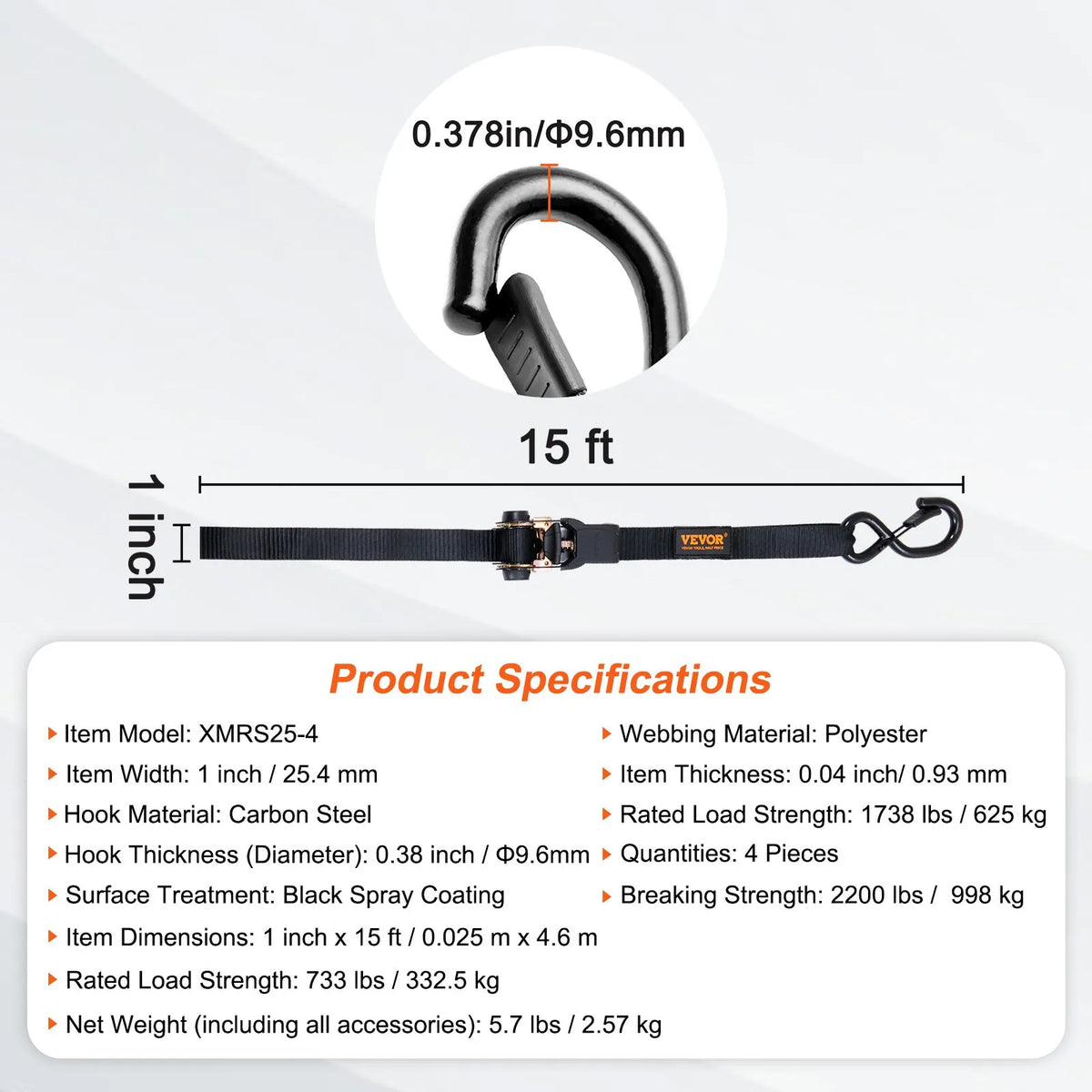 Cargo Lashing Straps with Ratchet Mechanism, 4 Pieces, 1000 kg Maximum Breaking Load, 25 mm × 4.57 m, with Padded Handles, for Securing Cargo, Appliances, Garden Equipment and Motorcycles