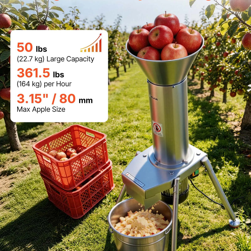 VEVOR elektriskais augļu smalcinātājs 1100 W ar SUS304 nerūsējošo tēraudu, līdz 80 mm augļiem, 164 kg/h jauda sidra spiedei āboliem, bumbieriem un dārzeņiem