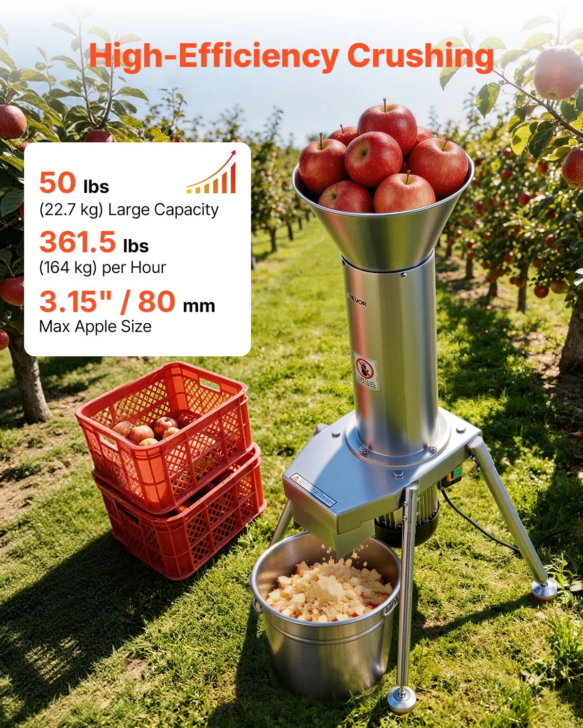 VEVOR elektriskais augļu smalcinātājs 1100 W ar SUS304 nerūsējošo tēraudu, līdz 80 mm augļiem, 164 kg/h jauda sidra spiedei āboliem, bumbieriem un dārzeņiem - ZEMLETES.LV