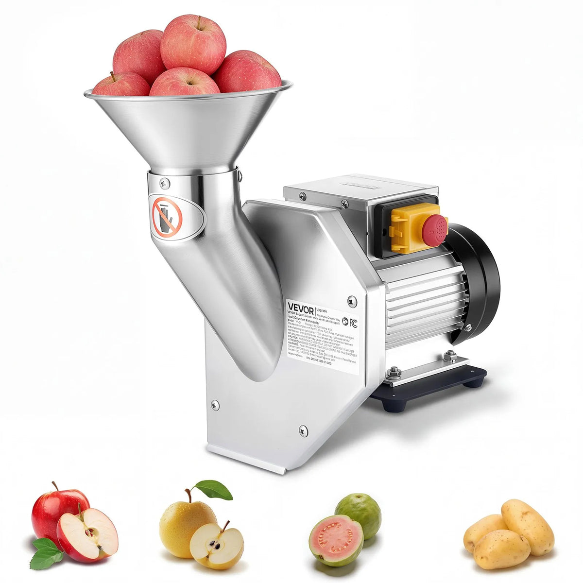 VEVOR elektriskais augļu smalcinātājs 550 W ar SUS304 nerūsējošo tēraudu, līdz 70 mm augļiem, 60 kg/h jauda sidra spiedei āboliem, bumbieriem un dārzeņiem - ZEMLETES.LV