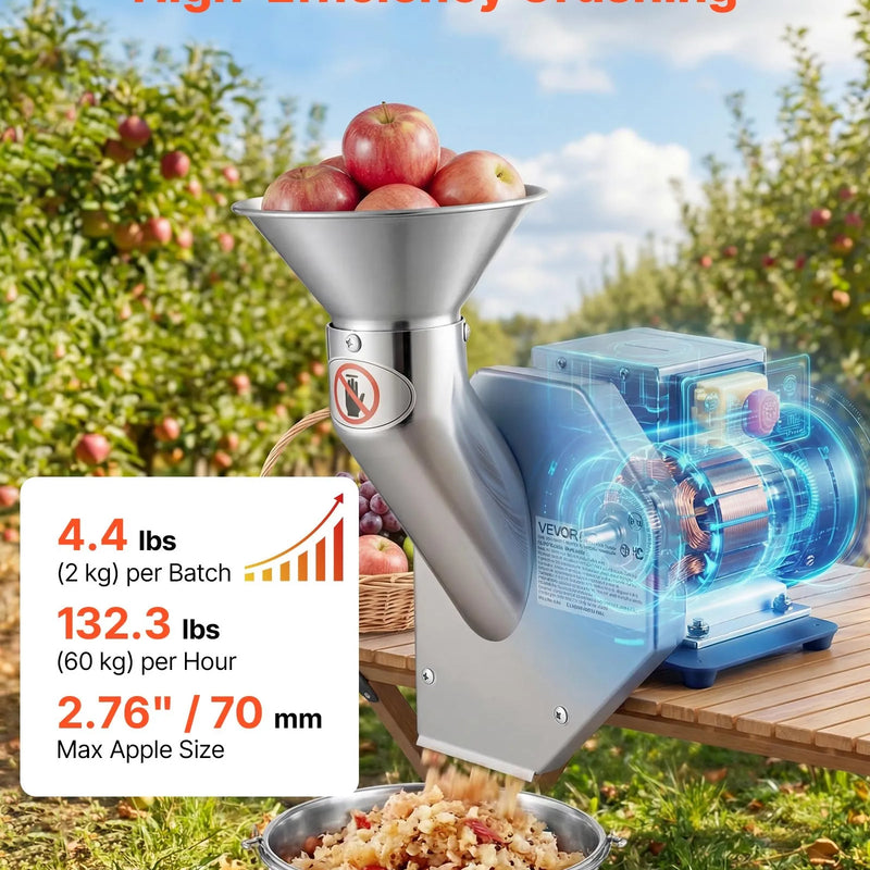 VEVOR elektriskais augļu smalcinātājs 550 W ar SUS304 nerūsējošo tēraudu, līdz 70 mm augļiem, 60 kg/h jauda sidra spiedei āboliem, bumbieriem un dārzeņiem