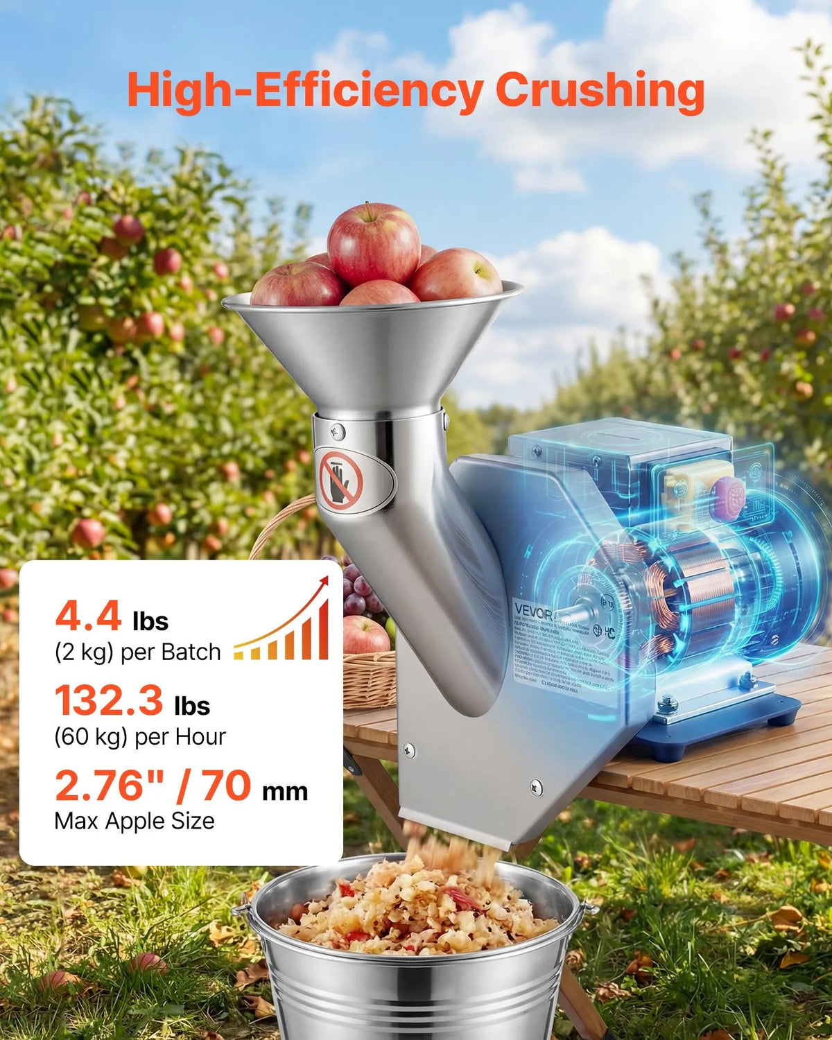 VEVOR elektriskais augļu smalcinātājs 550 W ar SUS304 nerūsējošo tēraudu, līdz 70 mm augļiem, 60 kg/h jauda sidra spiedei āboliem, bumbieriem un dārzeņiem - ZEMLETES.LV