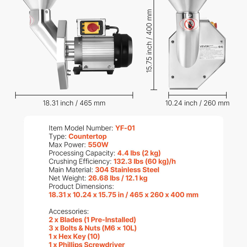 VEVOR elektriskais augļu smalcinātājs 550 W ar SUS304 nerūsējošo tēraudu, līdz 70 mm augļiem, 60 kg/h jauda sidra spiedei āboliem, bumbieriem un dārzeņiem