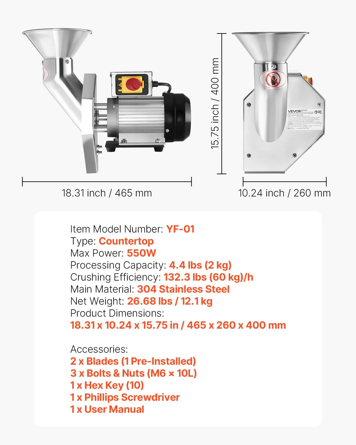 VEVOR elektriskais augļu smalcinātājs 550 W ar SUS304 nerūsējošo tēraudu, līdz 70 mm augļiem, 60 kg/h jauda sidra spiedei āboliem, bumbieriem un dārzeņiem - ZEMLETES.LV
