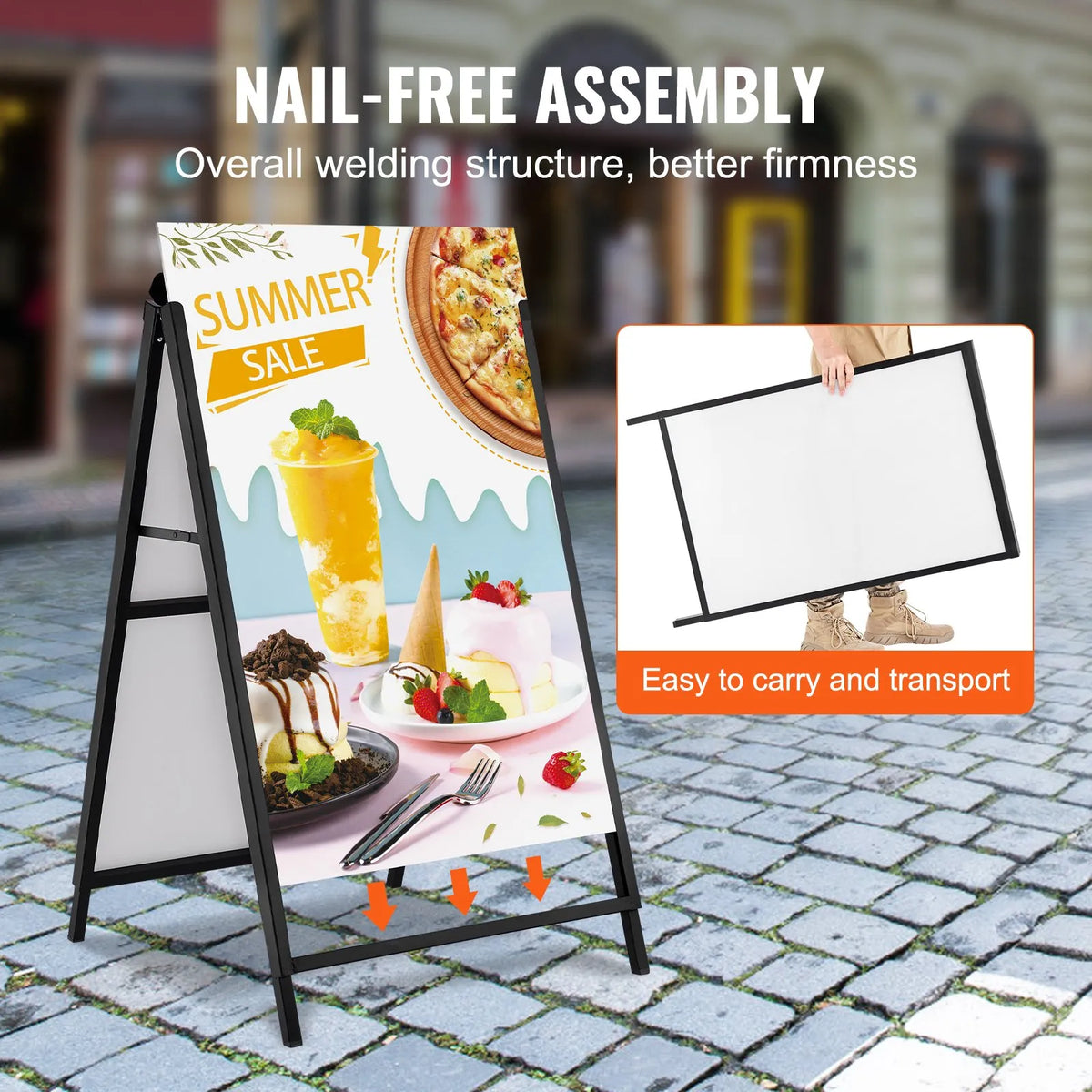 VEVOR A-Frame Pavement Sign 61 × 91 cm, Durable Double-Sided Foldable Sandwich Board Poster Holder with Sliding Frame, Steel Outdoor Advertising Stand for Business Street Signage (Frame Only)