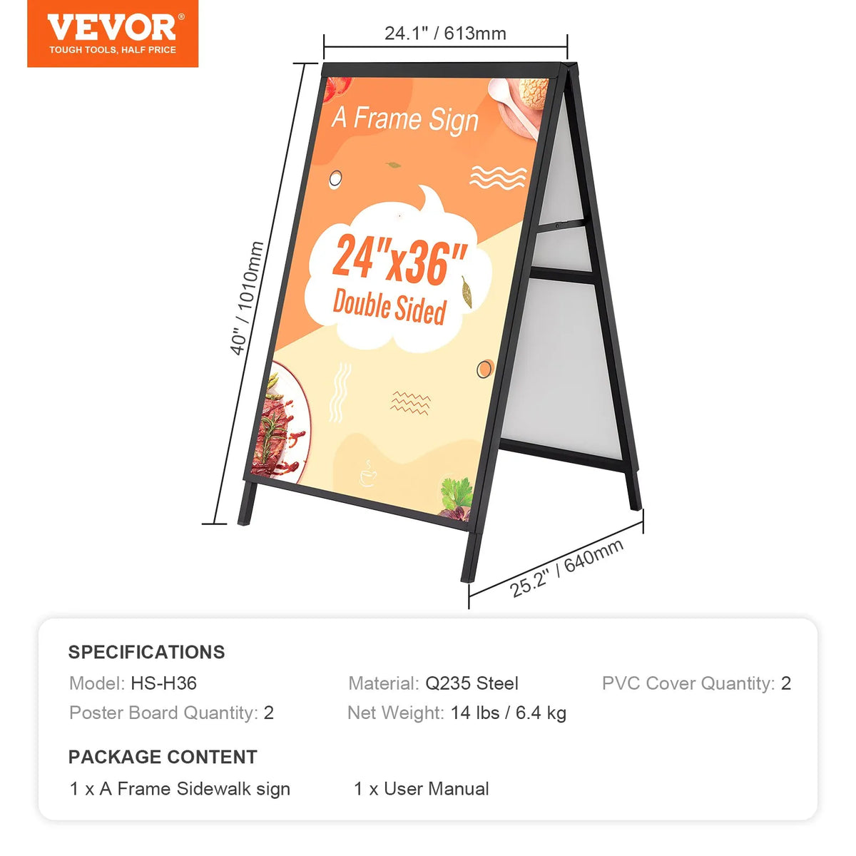 VEVOR A-Frame Pavement Sign 61 × 91 cm, Durable Double-Sided Foldable Sandwich Board Poster Holder with Sliding Frame, Steel Outdoor Advertising Stand for Business Street Signage (Frame Only)