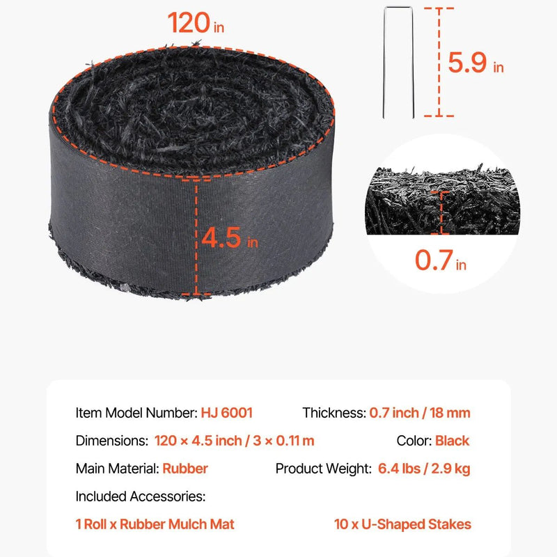 VEVOR gumijas mulča ainavu labiekārtošanai, pārstrādātas gumijas mulčas paklājs 3048 x 114 mm, pastāvīgs gumijas celiņš, dabīga izskata melna mulčas dārza apmale augiem, dārzeņiem un ziedu dārza barjerai - ZEMLETES.LV