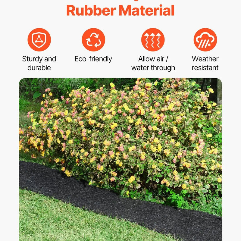 VEVOR gumijas mulča ainavu labiekārtošanai, 2 ruļļi pārstrādātas gumijas mulčas paklāja 3048 x 114 mm, pastāvīgs gumijas celiņš, dabīga izskata melna mulčas dārza apmale augiem, dārzeņiem un ziedu dārza barjerai - ZEMLETES.LV
