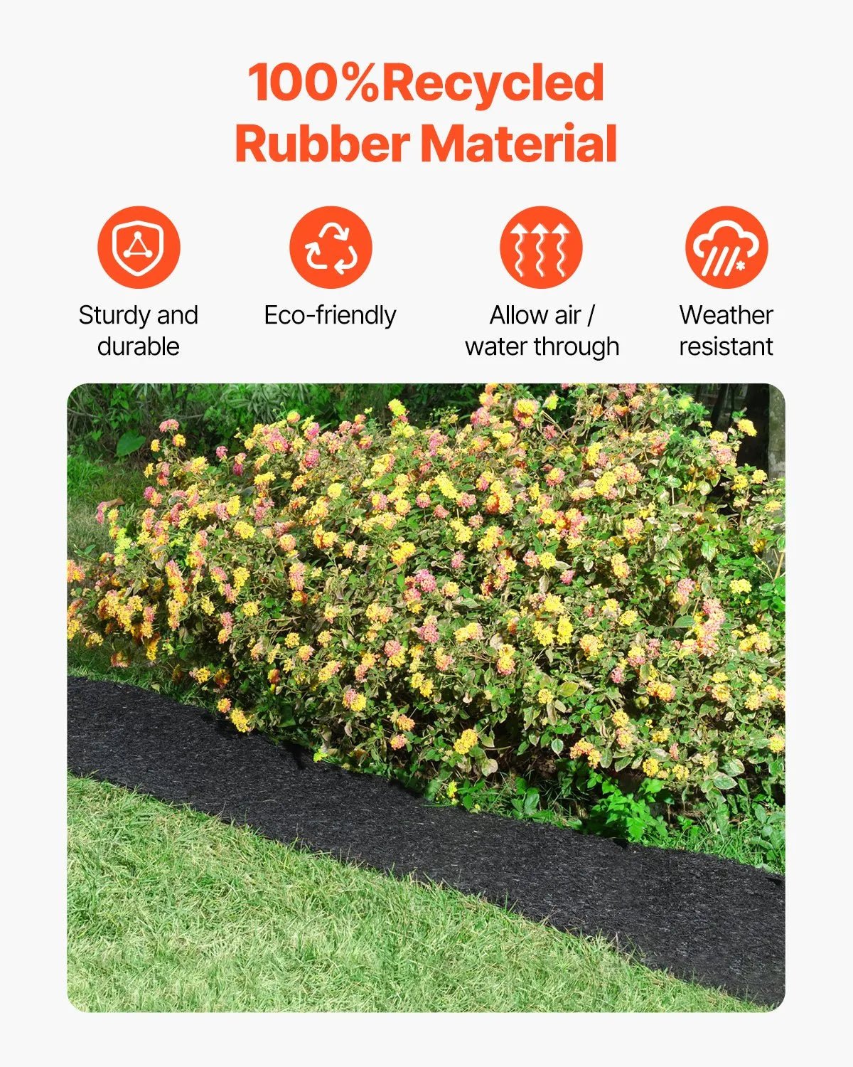 VEVOR gumijas mulča ainavu labiekārtošanai, 2 ruļļi pārstrādātas gumijas mulčas paklāja 3048 x 114 mm, pastāvīgs gumijas celiņš, dabīga izskata melna mulčas dārza apmale augiem, dārzeņiem un ziedu dārza barjerai - ZEMLETES.LV