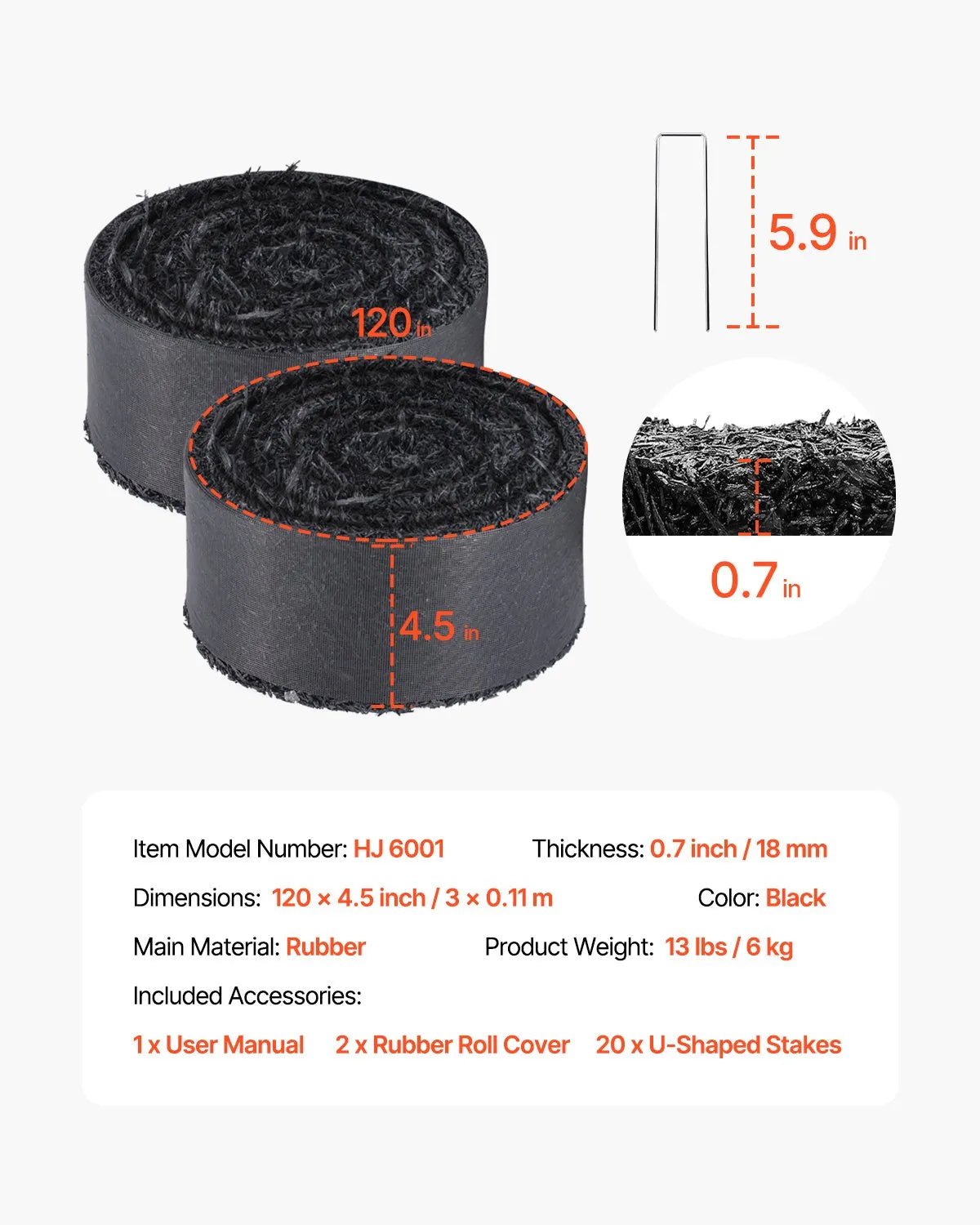 VEVOR gumijas mulča ainavu labiekārtošanai, 2 ruļļi pārstrādātas gumijas mulčas paklāja 3048 x 114 mm, pastāvīgs gumijas celiņš, dabīga izskata melna mulčas dārza apmale augiem, dārzeņiem un ziedu dārza barjerai - ZEMLETES.LV
