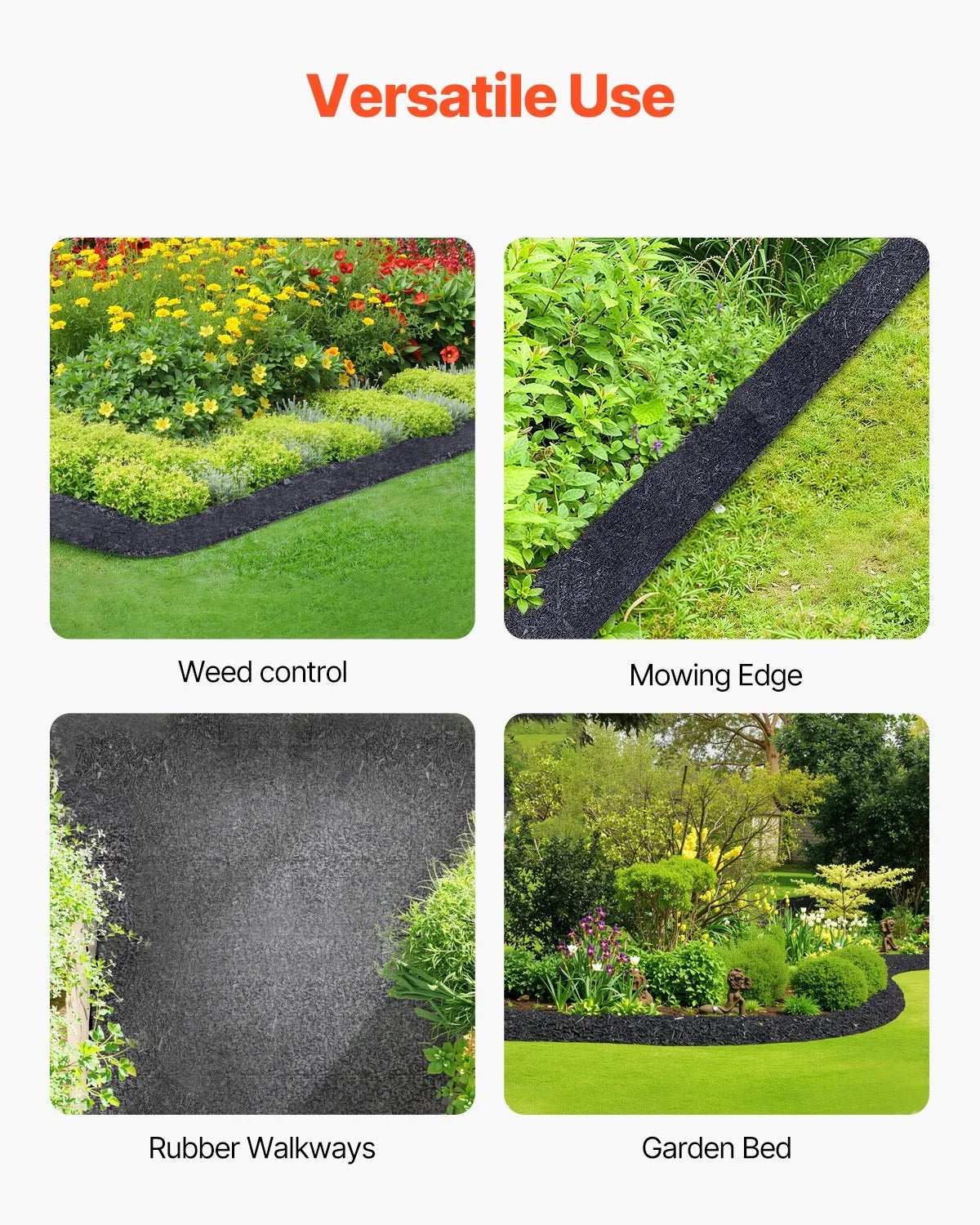 VEVOR gumijas mulča ainavu labiekārtošanai, 4 ruļļi pārstrādātas gumijas mulčas paklāja 3048 x 114 mm, pastāvīgs gumijas celiņš, dabīga izskata melna mulčas dārza apmale augiem, dārzeņiem un ziedu dārza barjerai - ZEMLETES.LV