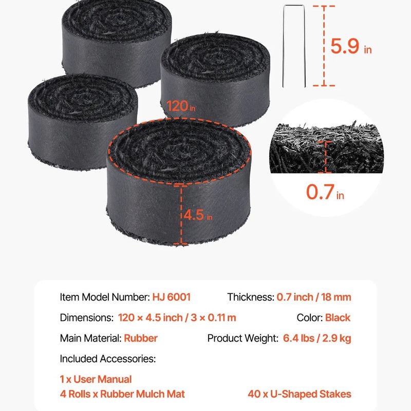 VEVOR gumijas mulča ainavu labiekārtošanai, 4 ruļļi pārstrādātas gumijas mulčas paklāja 3048 x 114 mm, pastāvīgs gumijas celiņš, dabīga izskata melna mulčas dārza apmale augiem, dārzeņiem un ziedu dārza barjerai - ZEMLETES.LV