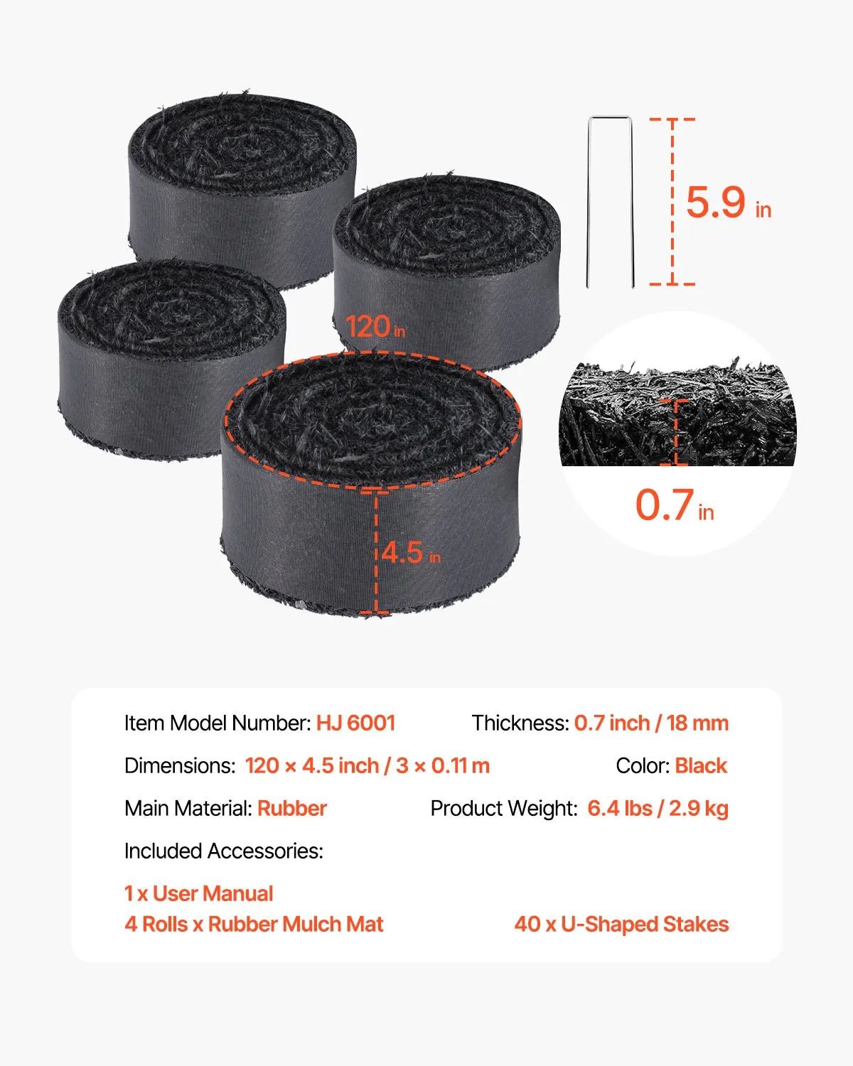VEVOR gumijas mulča ainavu labiekārtošanai, 4 ruļļi pārstrādātas gumijas mulčas paklāja 3048 x 114 mm, pastāvīgs gumijas celiņš, dabīga izskata melna mulčas dārza apmale augiem, dārzeņiem un ziedu dārza barjerai - ZEMLETES.LV
