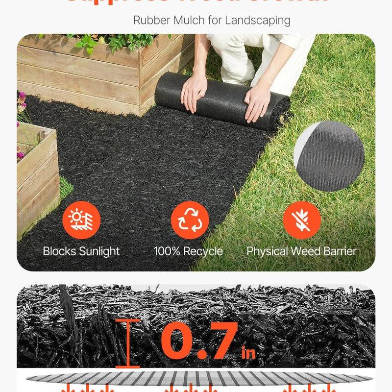 VEVOR gumijas mulča ainavu labiekārtošanai, 2 ruļļi pārstrādātas gumijas mulčas paklāja 2440 x 560 mm, pastāvīgs gumijas celiņš, dabīga izskata melna mulčas apmale augiem, dārzeņiem un ziedu dārza barjerai - ZEMLETES.LV