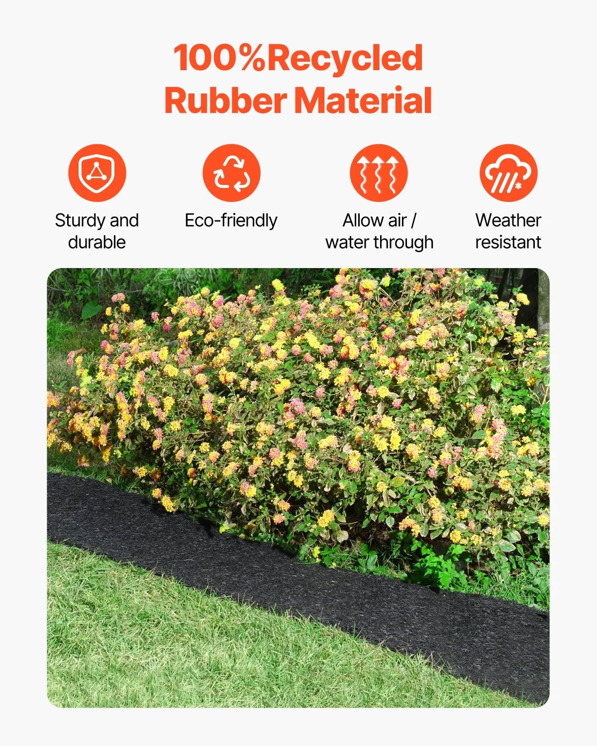VEVOR gumijas mulča ainavu labiekārtošanai, 2 ruļļi pārstrādātas gumijas mulčas paklāja 2440 x 560 mm, pastāvīgs gumijas celiņš, dabīga izskata melna mulčas apmale augiem, dārzeņiem un ziedu dārza barjerai - ZEMLETES.LV