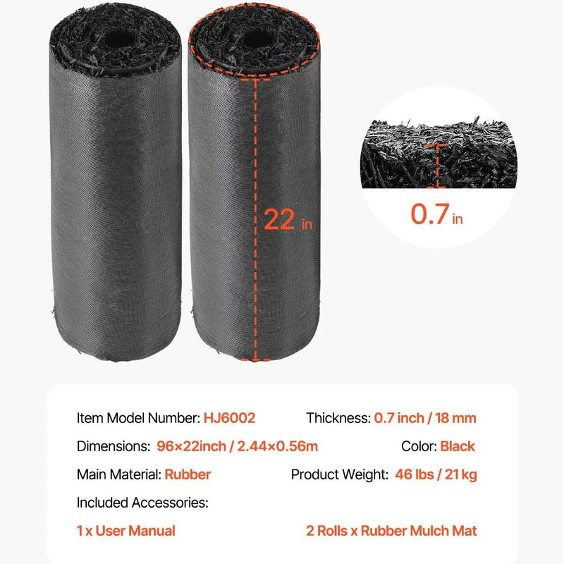 VEVOR gumijas mulča ainavu labiekārtošanai, 2 ruļļi pārstrādātas gumijas mulčas paklāja 2440 x 560 mm, pastāvīgs gumijas celiņš, dabīga izskata melna mulčas apmale augiem, dārzeņiem un ziedu dārza barjerai - ZEMLETES.LV