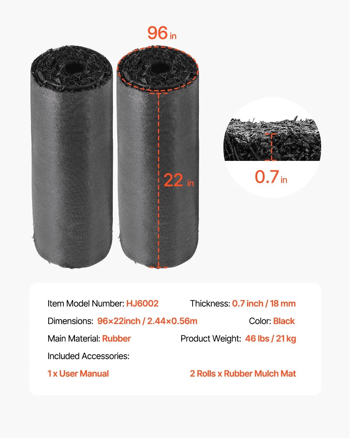 VEVOR gumijas mulča ainavu labiekārtošanai, 2 ruļļi pārstrādātas gumijas mulčas paklāja 2440 x 560 mm, pastāvīgs gumijas celiņš, dabīga izskata melna mulčas apmale augiem, dārzeņiem un ziedu dārza barjerai - ZEMLETES.LV