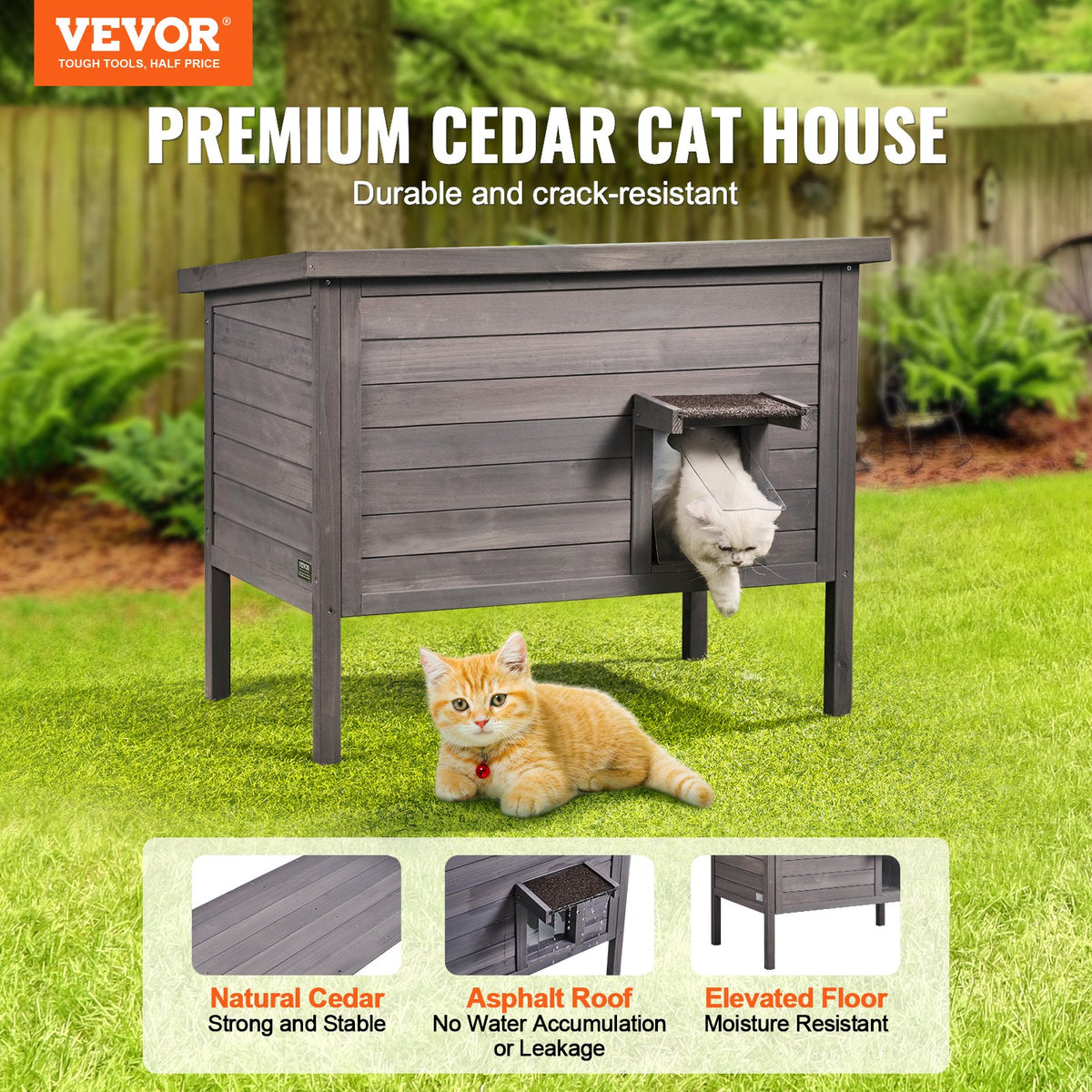 VEVOR Insulated Outdoor Wooden Cat House with Removable Roof and PVC Door Curtain, 1–3 Cats, 87 × 53.5 × 69 cm