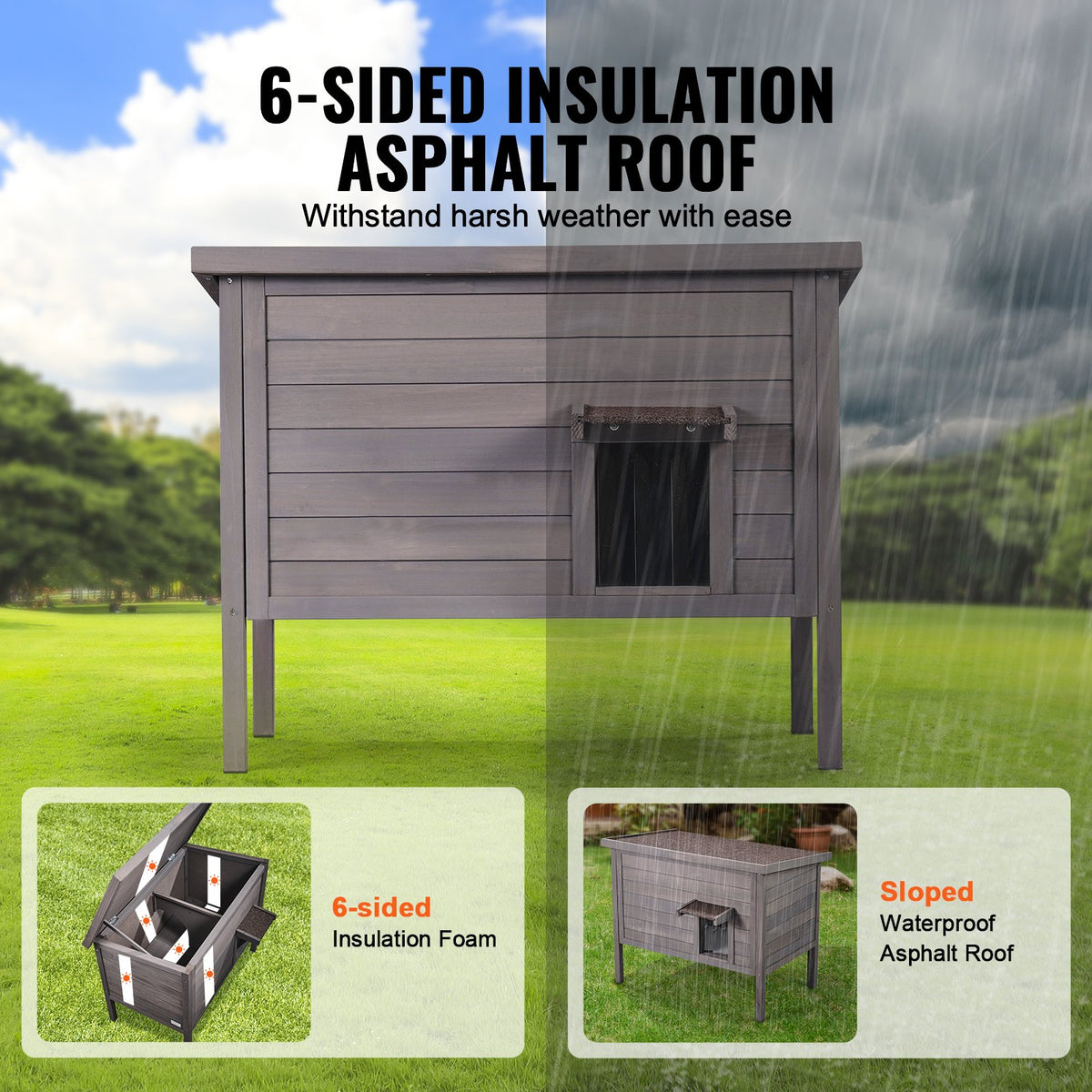 VEVOR Insulated Outdoor Wooden Cat House with Removable Roof and PVC Door Curtain, 1–3 Cats, 87 × 53.5 × 69 cm