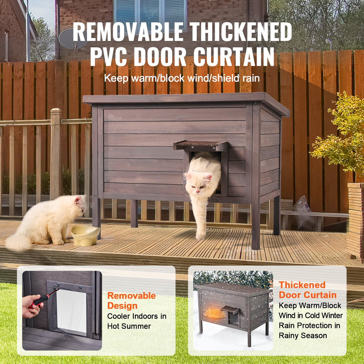 VEVOR Insulated Outdoor Wooden Cat House with Removable Roof and PVC Door Curtain, 1–3 Cats, 87 × 53.5 × 69 cm