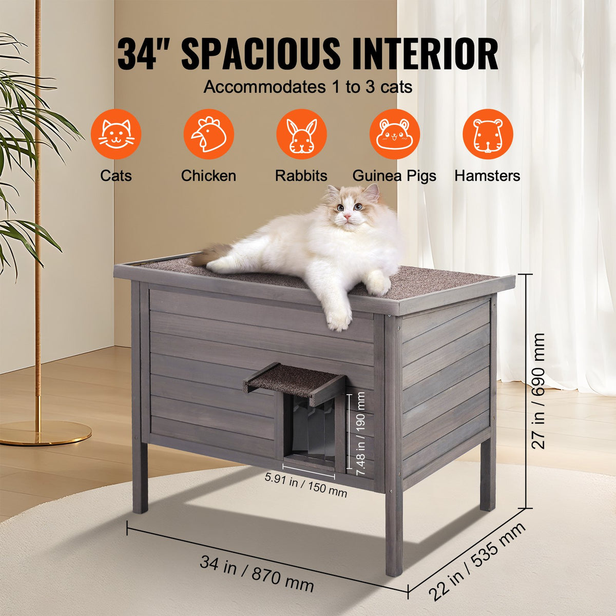 VEVOR Insulated Outdoor Wooden Cat House with Removable Roof and PVC Door Curtain, 1–3 Cats, 87 × 53.5 × 69 cm