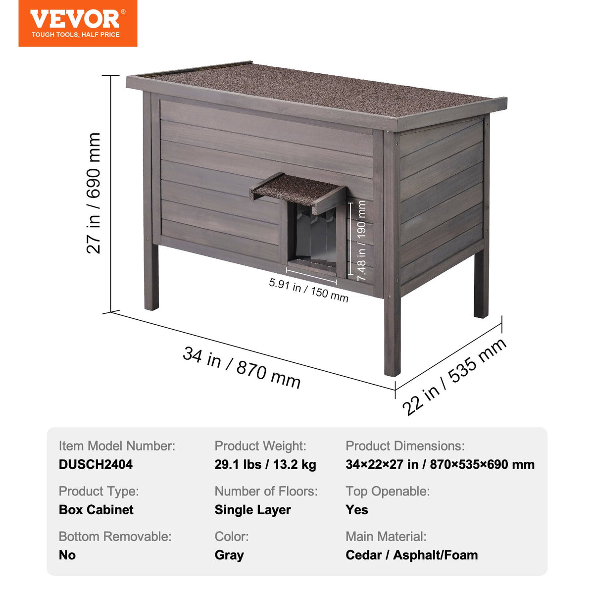 VEVOR Insulated Outdoor Wooden Cat House with Removable Roof and PVC Door Curtain, 1–3 Cats, 87 × 53.5 × 69 cm