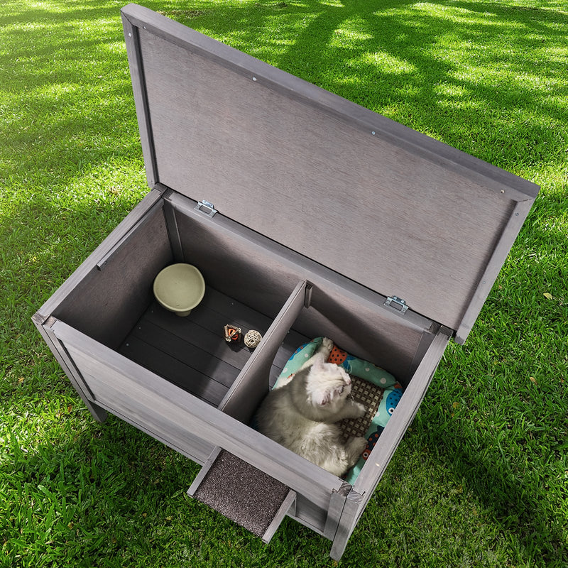 VEVOR āra koka kaķu māja ar jumtu un PVC durvju aizkariem