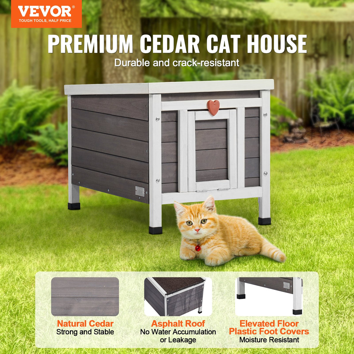 VEVOR Outdoor Wooden Cat House with Openable Roof and PVC Door Curtain, 51 × 42 × 42 cm