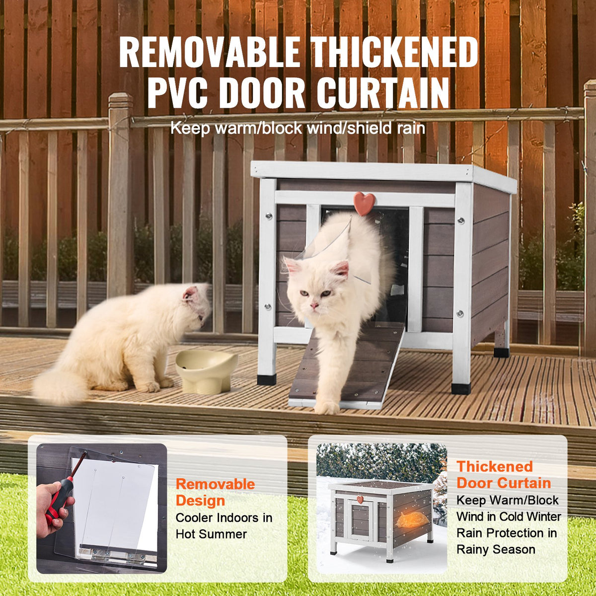 VEVOR Outdoor Wooden Cat House with Openable Roof and PVC Door Curtain, 51 × 42 × 42 cm