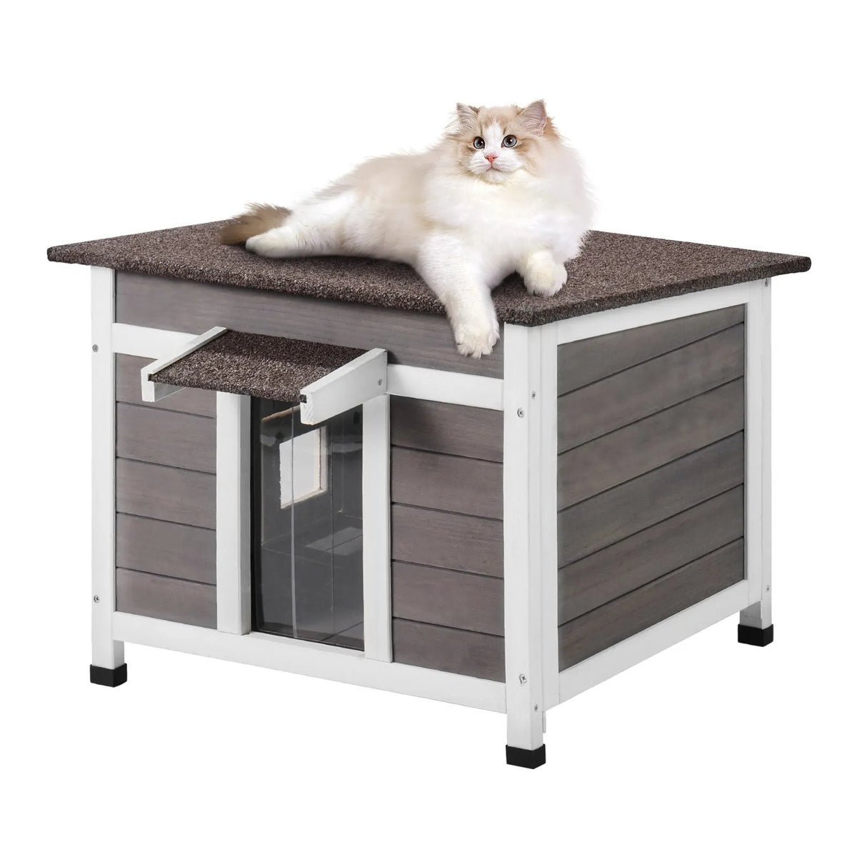 VEVOR Outdoor Wooden Cat House with Window, Openable Roof and PVC Door Curtain, for 1–2 Cats, 61 × 53 × 46 cm