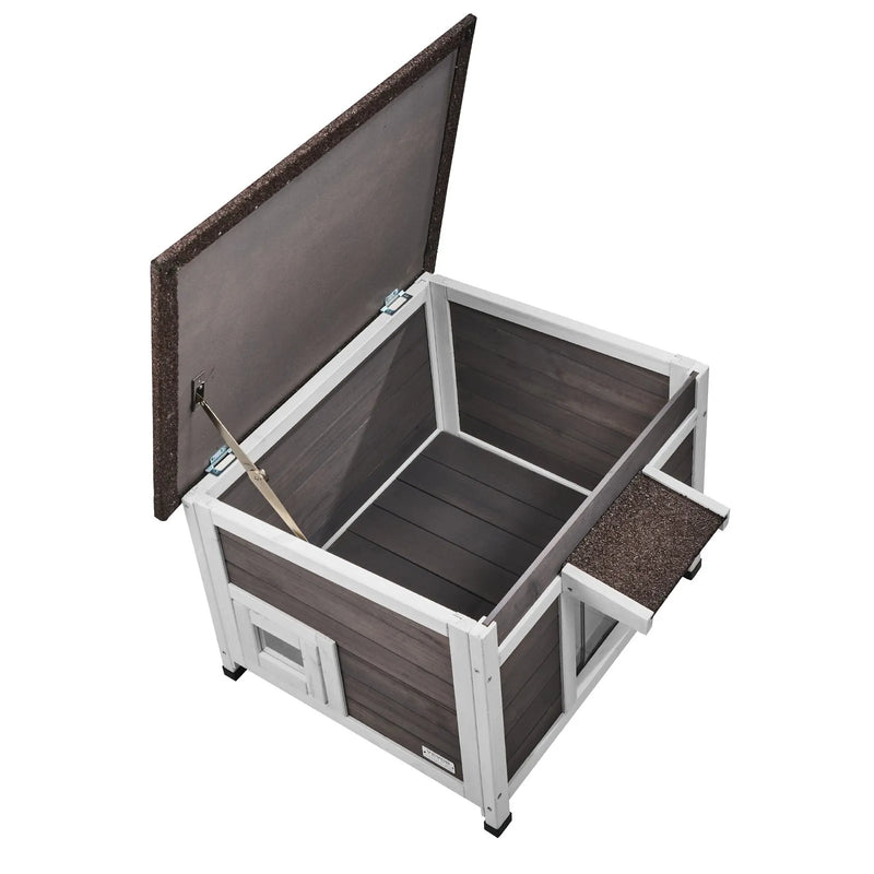 VEVOR laikizturīga āra kaķu māja, koka savvaļas kaķu un trušu māja ar logu, atveramu jumtu un PVC durvju aizkariem, 61 × 53 × 46 cm