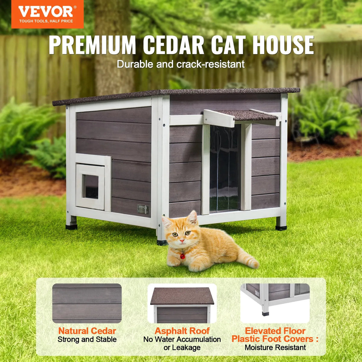 VEVOR Outdoor Wooden Cat House with Window, Openable Roof and PVC Door Curtain, for 1–2 Cats, 61 × 53 × 46 cm