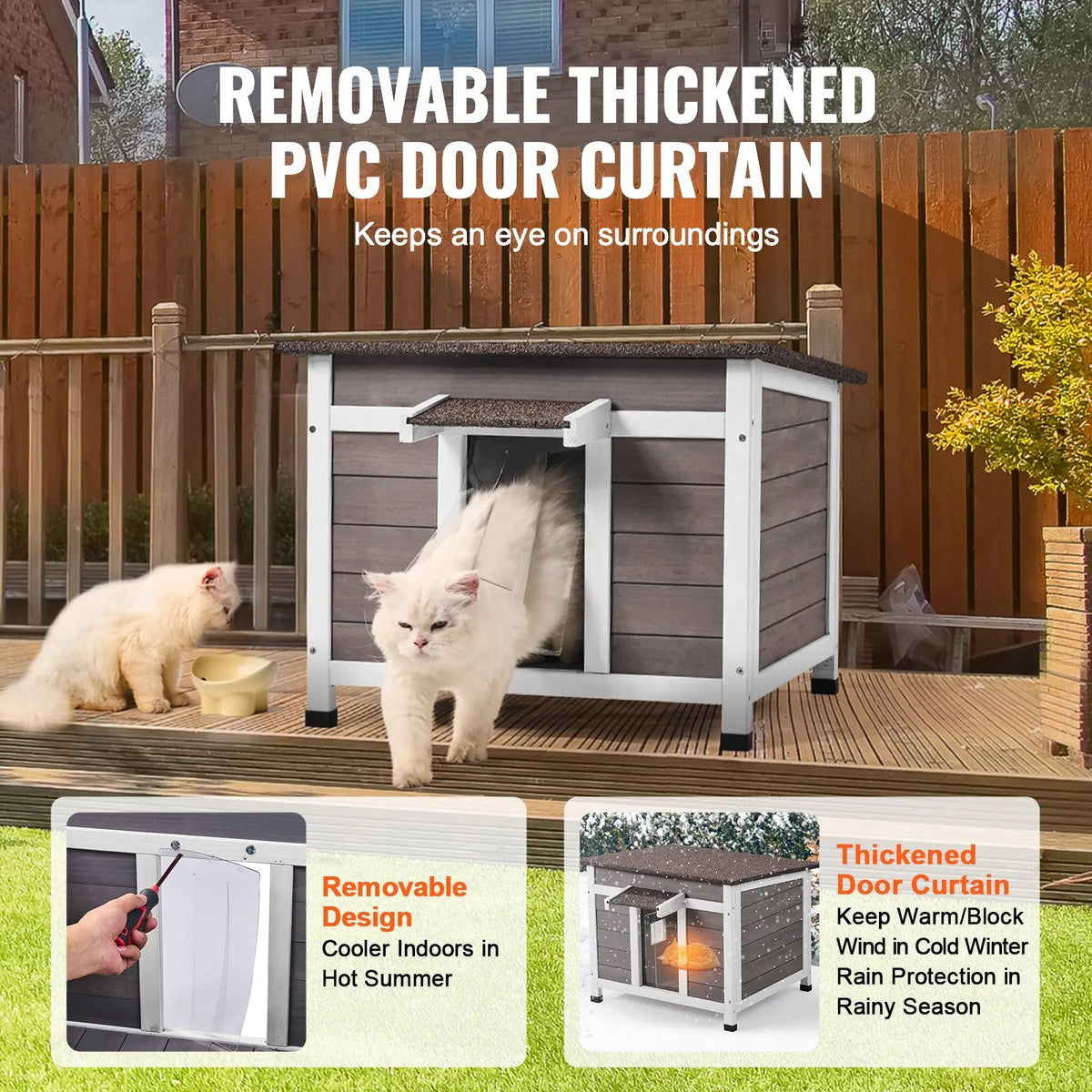 VEVOR Outdoor Wooden Cat House with Window, Openable Roof and PVC Door Curtain, for 1–2 Cats, 61 × 53 × 46 cm