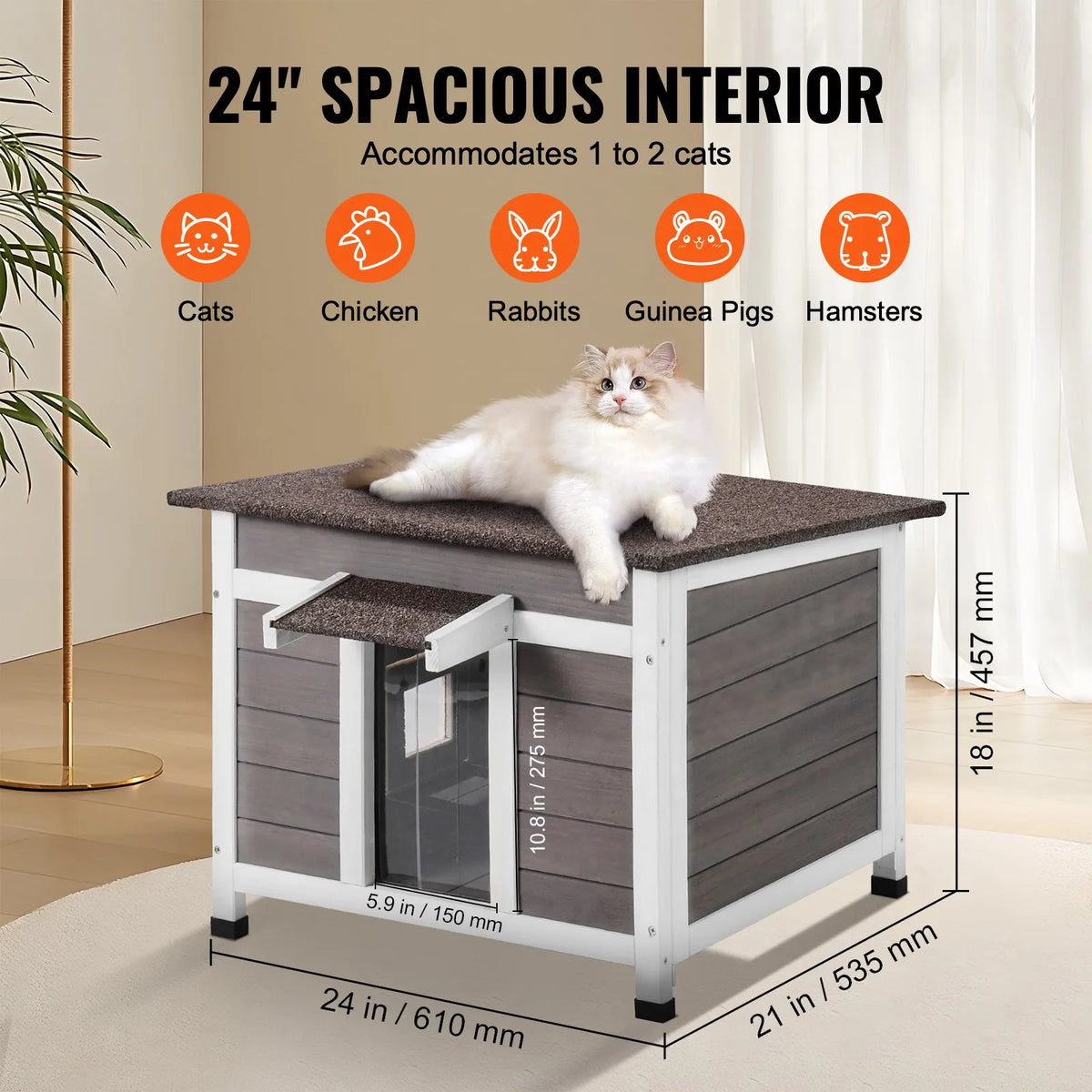 VEVOR Outdoor Wooden Cat House with Window, Openable Roof and PVC Door Curtain, for 1–2 Cats, 61 × 53 × 46 cm